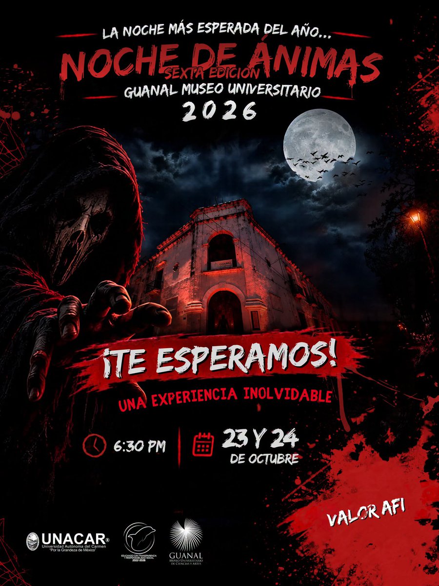 UNACAR's tweet photo. ⏳¡Empieza la cuenta regresiva para la noche más esperada del año para quienes les gusta el terror!

💀 #NocheDeÁnimas VI edición UNACAR 🎃

🕯️¡Como cada año atrévete a vivir la Noche de Ánimas en Guanal Museo Universitario de Ciencias y Artes💀!

📅 23 y 24 de octubre
🕡 6:30 p. m.
📍 Calle 20B No. 8A Guanal
🐬Valor #AFI

⚠️ También te recordamos que no es apto para cardíacos, embarazadas ni menores de edad.

🎟️ ¡Consigue tus boletos muy pronto y sé parte de una celebración inolvidablemente macabra!