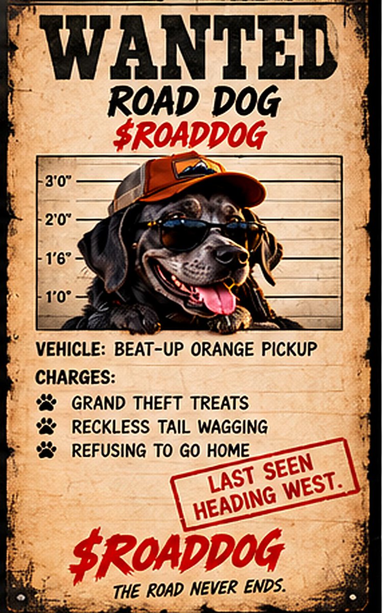 ROADDOGCOIN's tweet photo. 🚨 WANTED 🚨

Suspect: ROAD DOG
Vehicle: Beat-up orange pickup

Charges:
🐾 Grand theft treats
🐾 Reckless tail wagging
🐾 Refusing to go home

Last seen heading west.

$ROADDOG 🛻 https://t.co/FWy6MTav6h