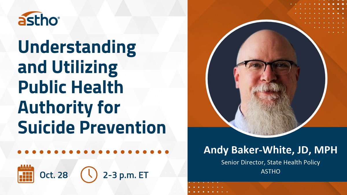 ASTHO's tweet photo. How can public health authority support suicide prevention?

Join ASTHO on Oct. 28 to explore how statutes, rules, and agency policies can support suicide prevention efforts, including data sharing, fatality review, and formalized partnerships.

Register: https://t.co/YmTWqaAhgR. https://t.co/qROb0qZC43