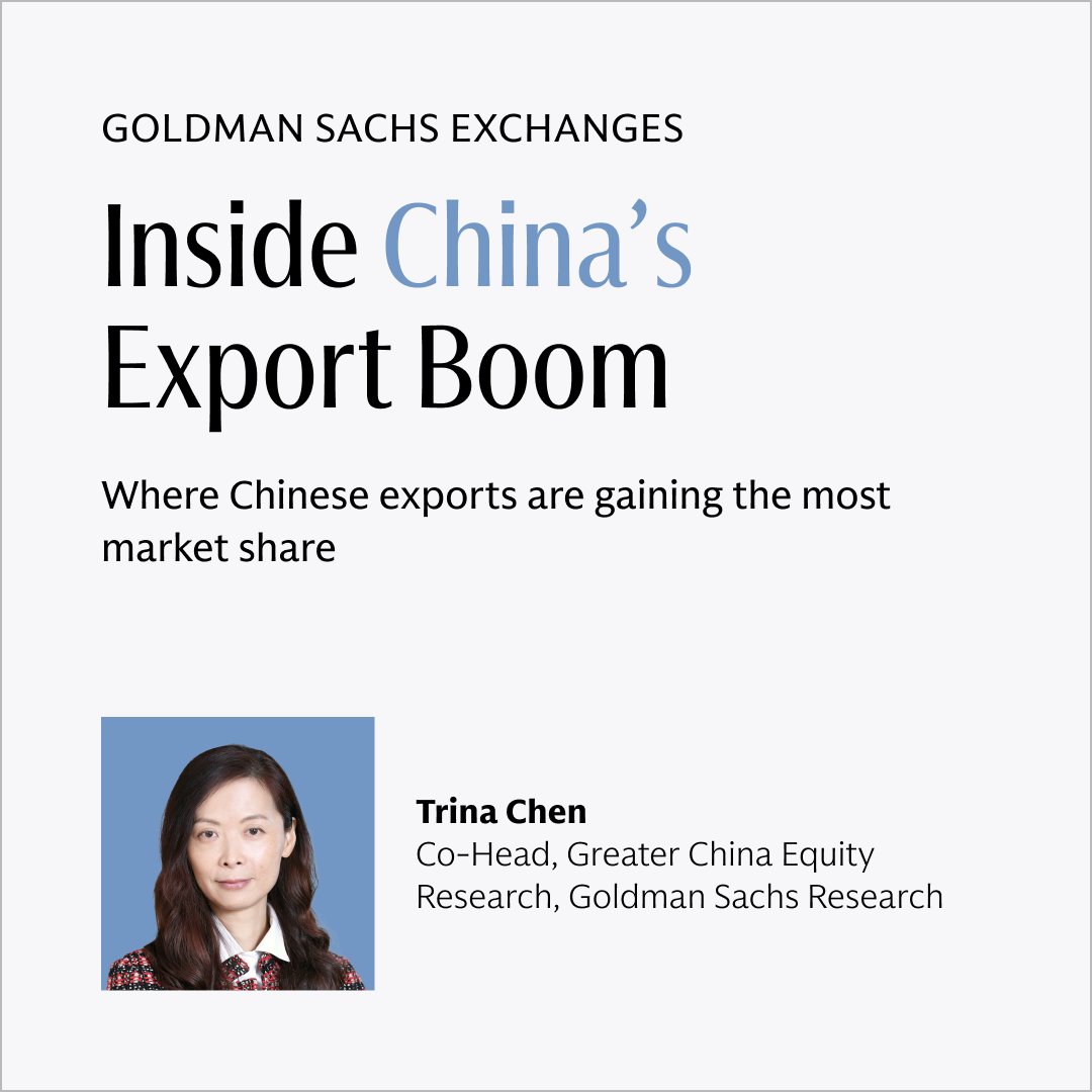 GoldmanSachs's tweet photo. Chinese products have captured an estimated 24% market share in emerging markets—an indication of the scale and speed of their global expansion. Trina Chen of Goldman Sachs Research discusses the trend on Exchanges: https://t.co/2HZNEiSOSe https://t.co/45KEtgoXVE