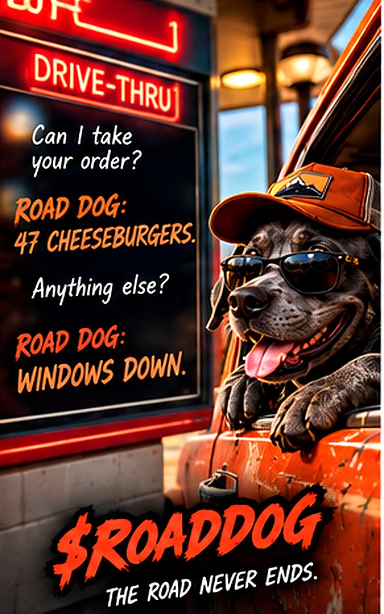 ROADDOGCOIN's tweet photo. DRIVE-THRU: "Can I take your order?"

ROAD DOG: "47 cheeseburgers."

DRIVE-THRU: "Anything else?"

ROAD DOG: "Windows down."

🐕🍔🛻

$ROADDOG https://t.co/hAofgyvTzL
