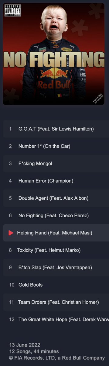 _HenryMill's tweet photo. 🚨 THROWBACK: June 2022. Fresh off the FIA gifting Max his first WDC, Red Bull Racing dropped their debut album, “NO FIGHTING”. 💀 Released under FIA Records, naturally.

12 tracks featuring Michael Masi, Checo Pérez, Christian Horner and an all-star cast of toxic men.

Because at Red Bull, everyone fights. Except Max. 🤡
#F1 #MaxVerstappen