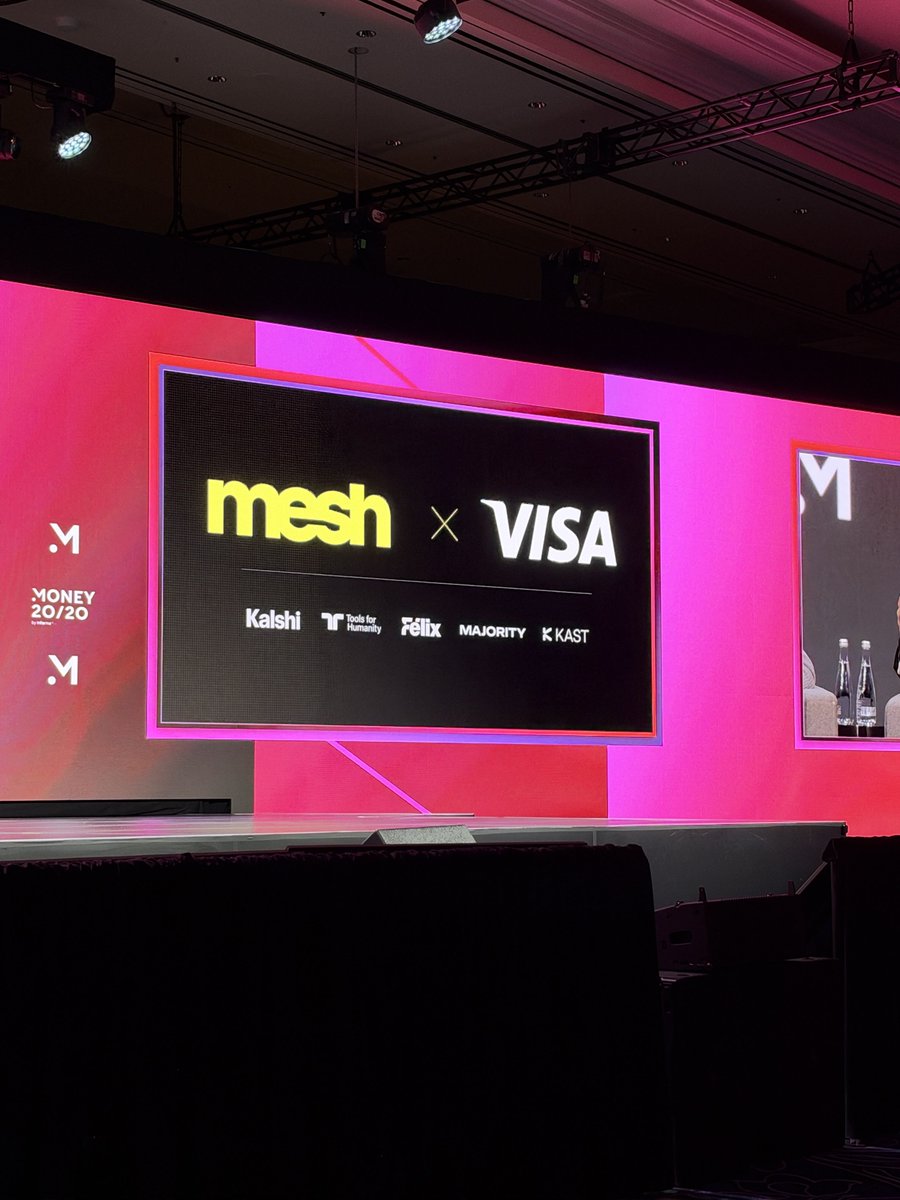 meshpay's tweet photo. Live on the @money2020 main stage: @bamazizimesh 
tapped to pay over the @Visa network at a real POS terminal, straight from his balance in the @worldmoney app. No card. No funds to move.  

Mesh + Visa: crypto and stablecoin balances, spendable at 175M+ merchants. https://t.co/4akmuGjxVF