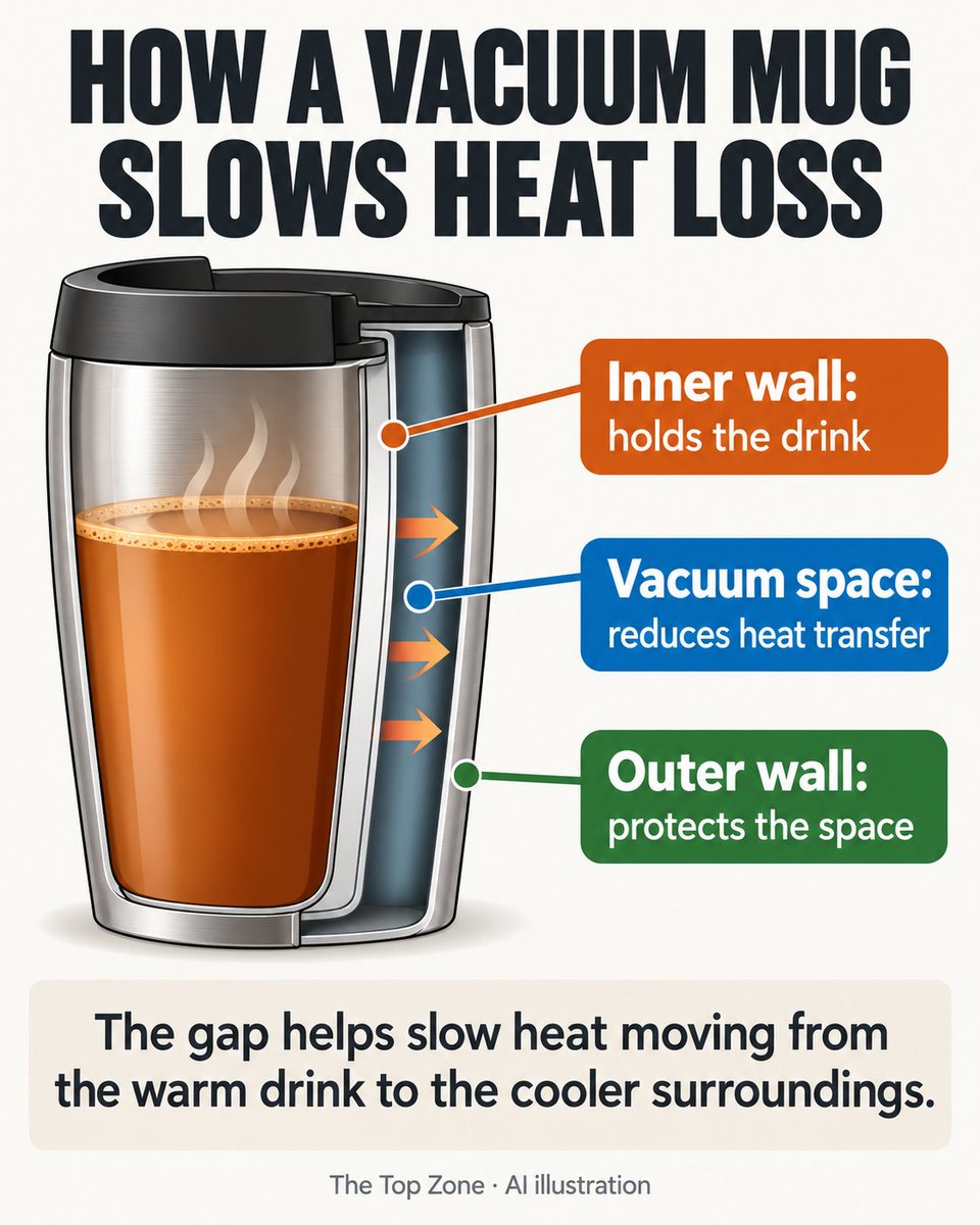 TheTopZoneBlog's tweet photo. A vacuum space between a mug’s inner and outer walls reduces heat transfer, slowing heat loss. AI illustration. Sources: Zojirushi, Thermos. https://t.co/dSPKEqGiY9