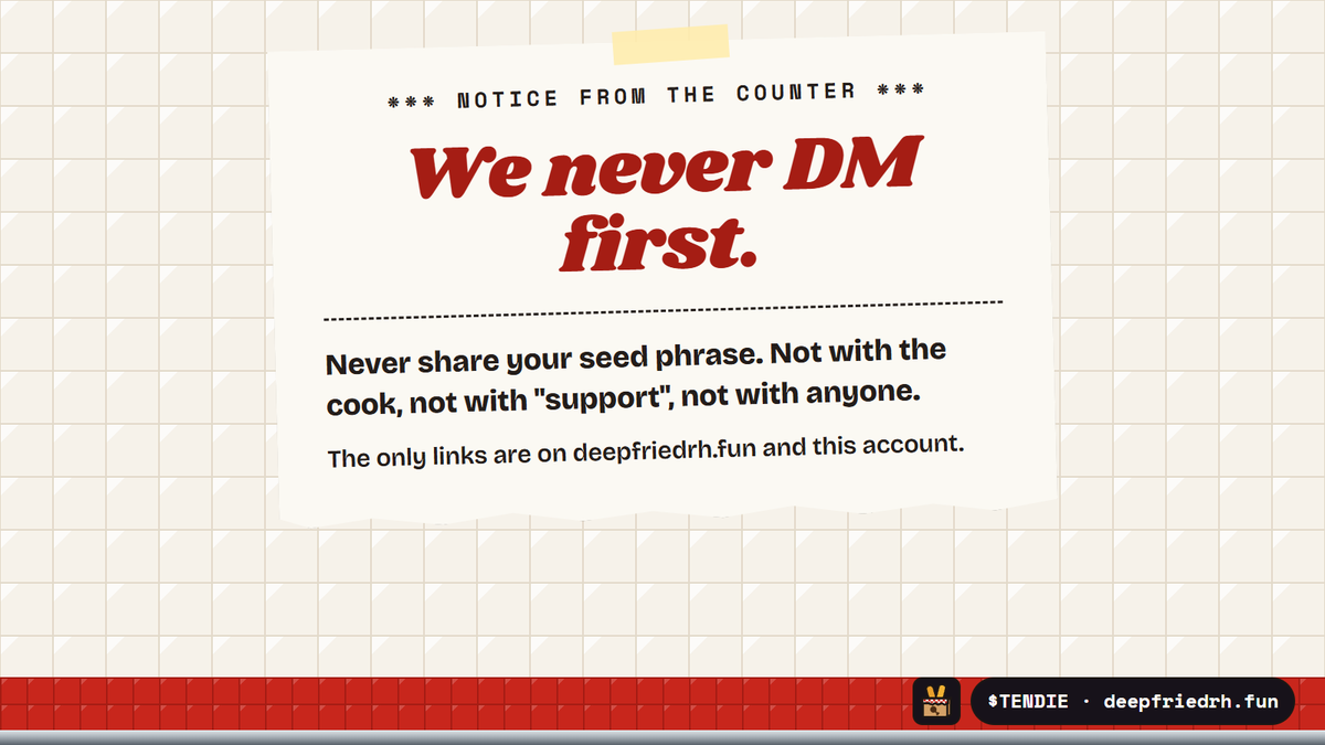 deepfriedrh's tweet photo. the counter never DMs you first.
never share your seed phrase. not with anyone 🛡️ https://t.co/vdn0Ym4Ikt