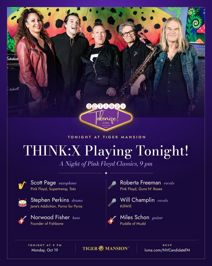 TokenizeCon's tweet photo. Tokenize! Las Vegas kicks off tonight, and the party has a band. 🎸
THINK:X plays A Night of Pink Floyd Classics at Tiger Mansion, 9 pm.
🎷 Scott Page
🥁 Stephen Perkins
🎸 Norwood Fisher
🎤 Roberta Freeman
🎤 Will Champlin
🎸 Miles Schon
RSVP: https://t.co/bMvV2jOvN3 #TokenizeLV