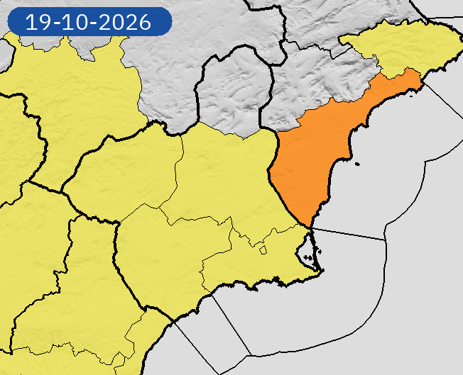 AEMET_Murcia's tweet photo. 19/10 21:48 AVISOS HOY Y MAÑANA | Región de Murcia: lluvias y tormentas. Nivel máximo de aviso: amarillo.
Actualizaciones en https://t.co/gQDupQ393c https://t.co/rPiLli3feJ