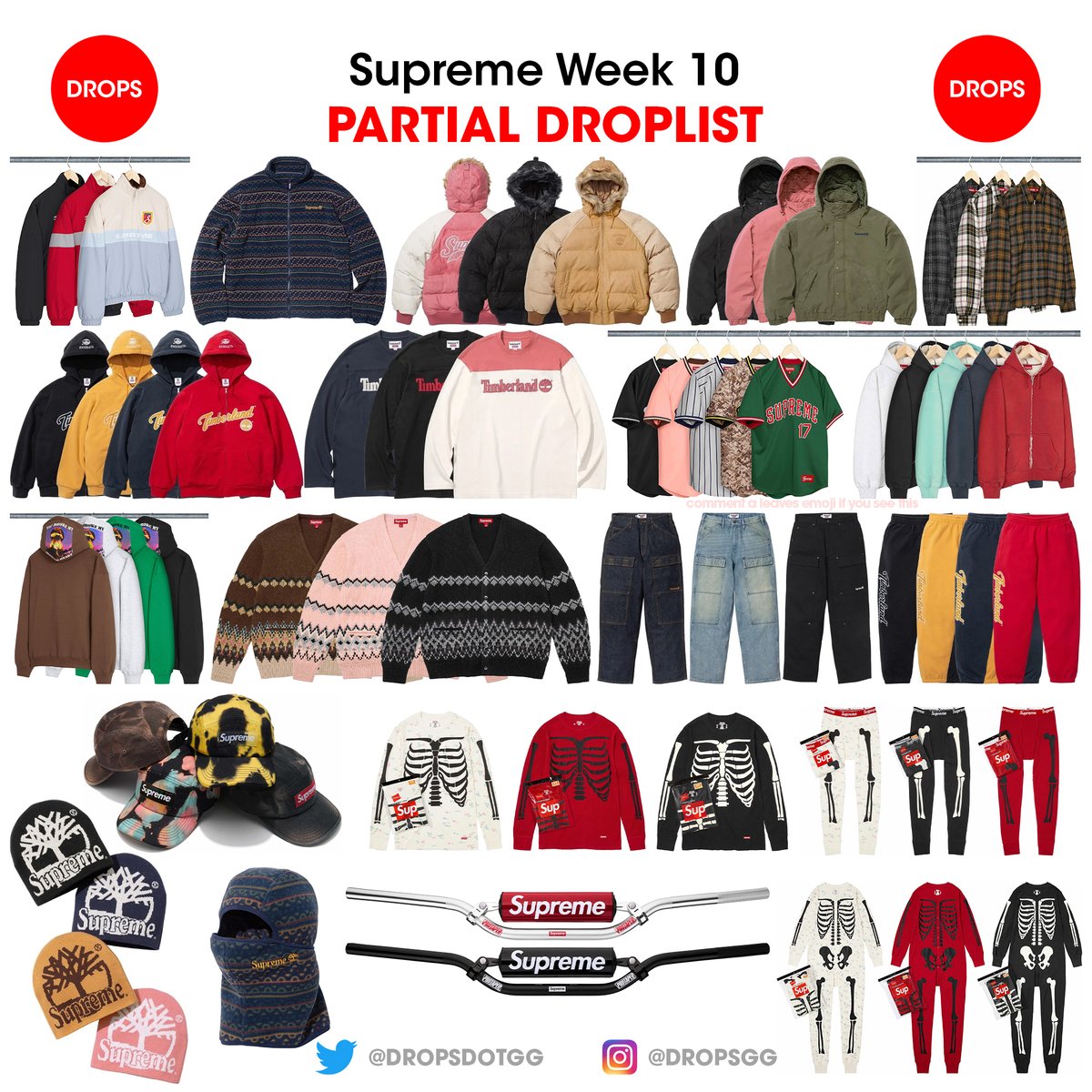 dropsdotgg's tweet photo. Supreme Week 10 - Partial Droplist 🔥

This week includes Timberland collaboration, Hanes Bones Thermal Crew, Pant and Union Suit, Umbro Reversible Faux Fur Pullover, Shearling Lined Zip Up Hoodie, ProTaper SE SX Handlebar and more!

What are you going for this week? Stay tuned for updates with retail prices 🔜