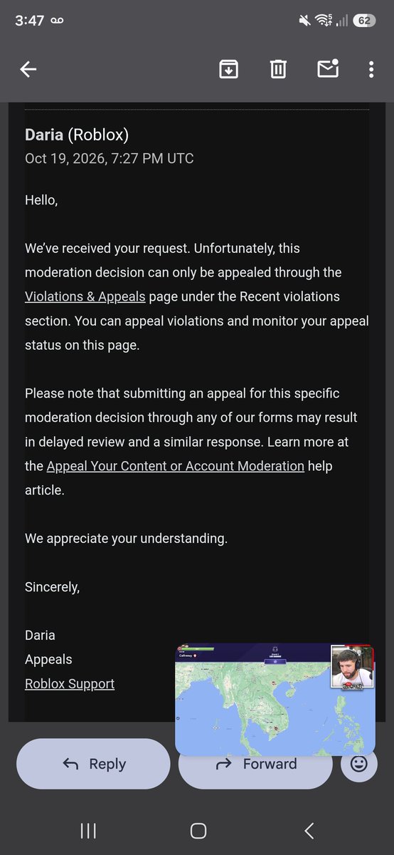 SpinosaurusSun's tweet photo. #falseban #enforcementban #roblox @Roblox I appeal through violations and appeals to be hit with ai, finally get a "real" person and get sent back to violations and appeals which wouldn't even work for me after yesterday, this is the first ticket I got a response from. https://t.co/CVKAfaOFMI