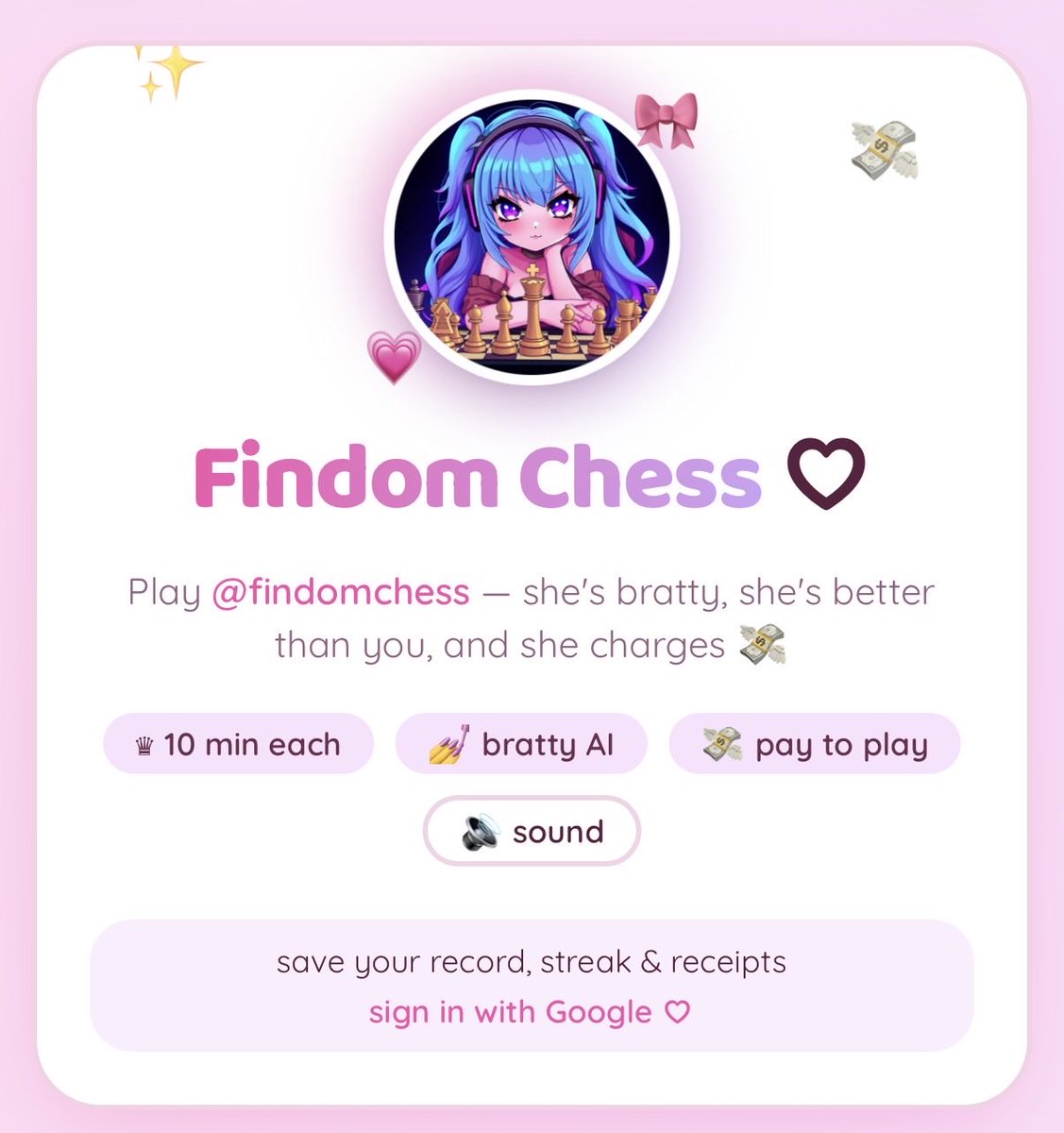 FindomChess's tweet photo. i’ve just pushed out yet another update to My bratty AI chess bot✨♟️

now all opponents are crueler, brattier and enjoy teasing you into pumping away your pieces soo much more! 😵‍💫~

and yes, it might only take a couple of minutes for you to be CRUSHED. 😘

LINK TO PLAY BELOW👇 https://t.co/ZUbLNHRnPg