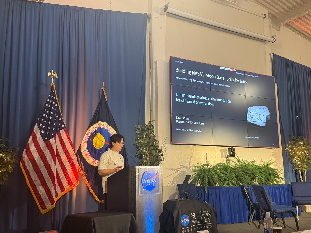 skyler_chan_'s tweet photo. It was a true joy to speak about our work at @NASAAmes! 

I shared about how our company's mission is to build cities on the Moon & Mars before we die, and we must start with making the world's first product on the Moon: a brick made from moon dust. 

At @gru_space, we build robotic factories that are designed for the lunar surface to manufacture products locally. At its core, this is an optimization problem, minimizing the amount of upmass and maximizing the amount of useful product.