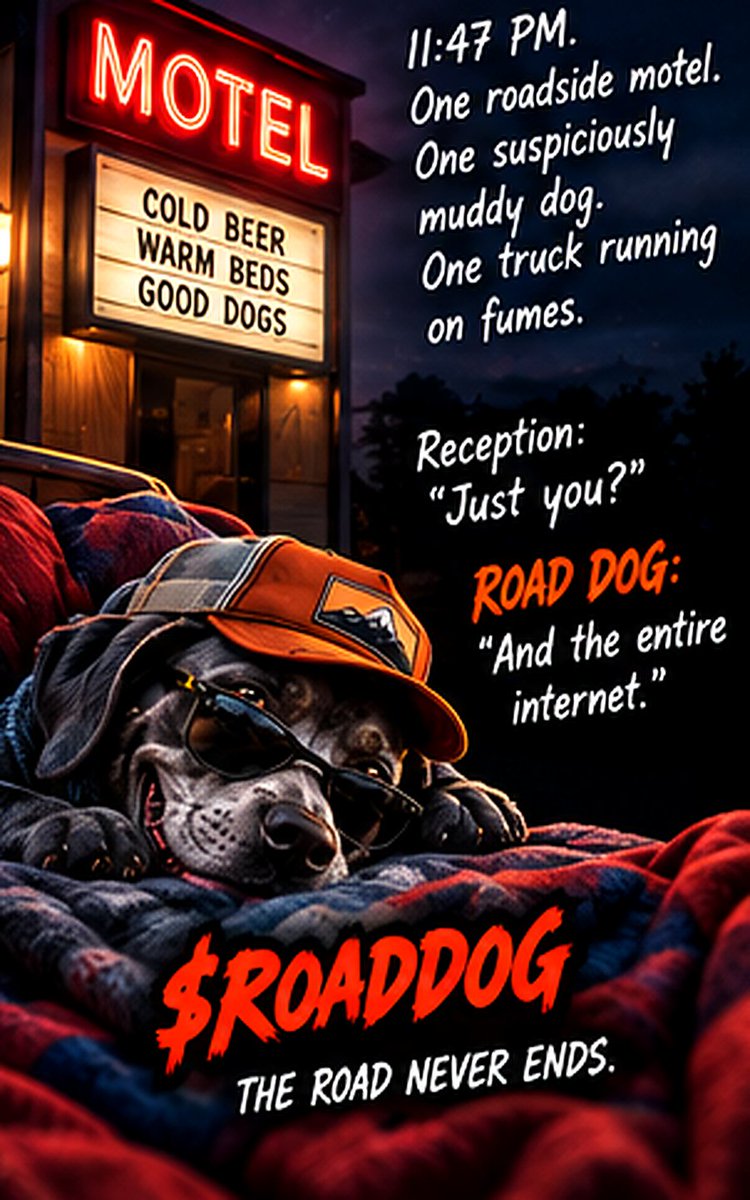 ROADDOGCOIN's tweet photo. 11:47 PM.

One roadside motel.
One suspiciously muddy dog.
One truck running on fumes.

Reception: "Just you?"

ROAD DOG: "And the entire internet." 🐕🛻

$ROADDOG | Solana https://t.co/OUfhbuapMz