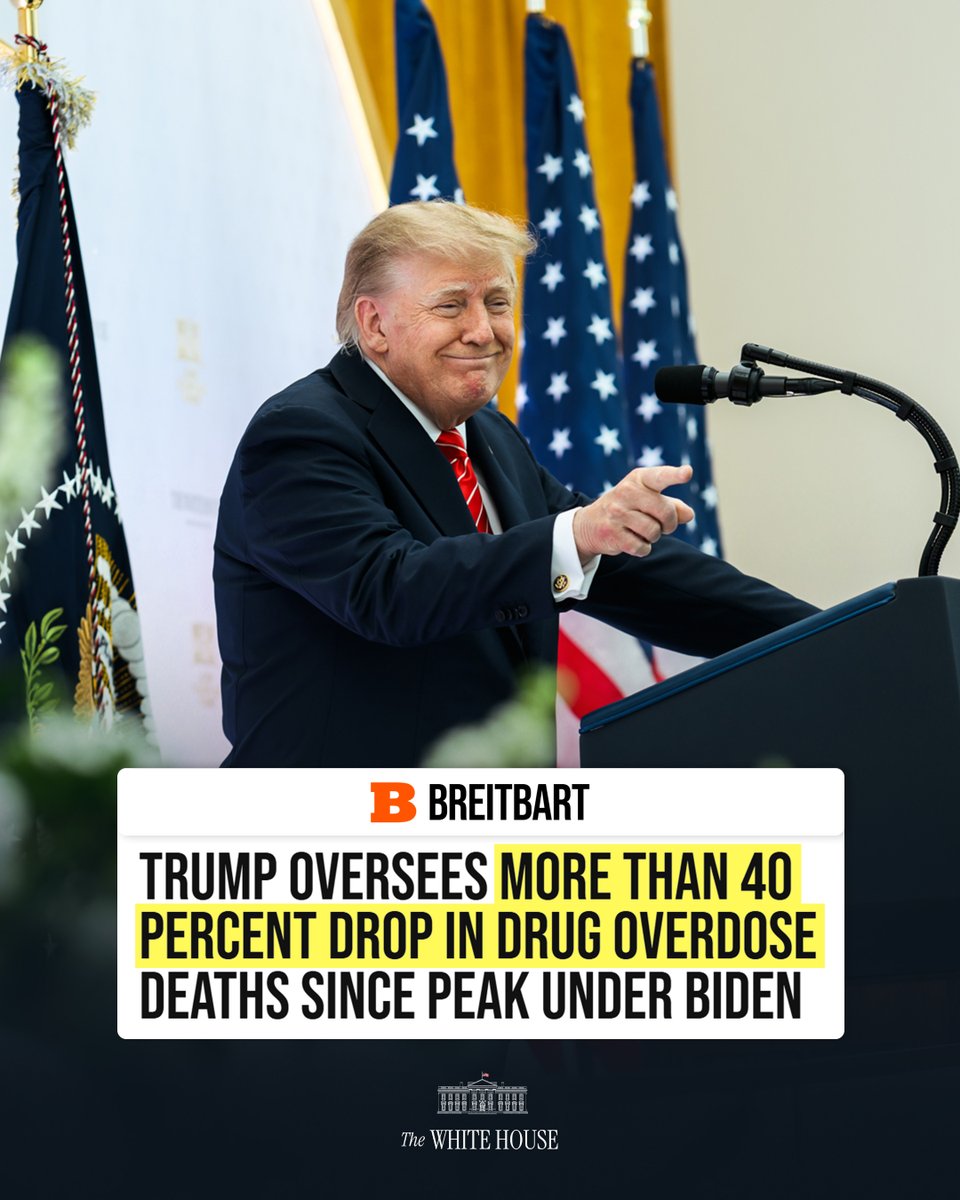 WhiteHouse's tweet photo. President Donald J. Trump’s @ONDCP has overseen a MASSIVE decrease in drug overdose deaths since such deaths peaked under the Biden Administration, saving thousands of American lives. 🇺🇸 https://t.co/eqlGjGxZyg