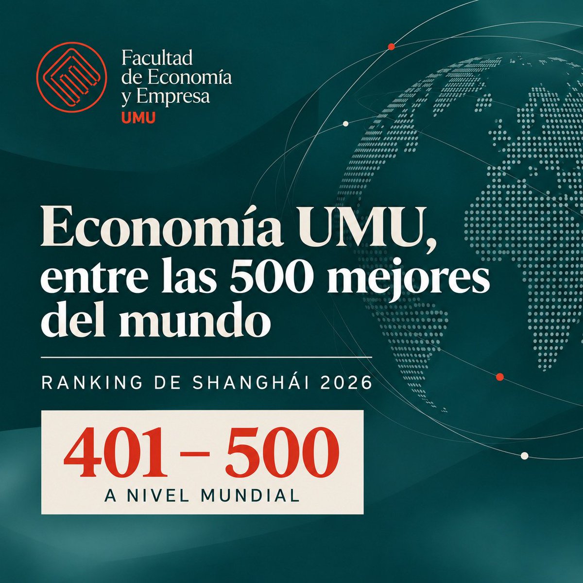 EconomicasUMU's tweet photo. ¡El área de Economía de @UMU, entre las 500 mejores del mundo en el Ranking de Shanghái 2026!

🎓 @UMU ha situado nueve áreas de conocimiento entre las más destacadas del mundo en el Ranking de Shanghái por materias 2026

🔗 Noticia completa: https://t.co/uYqFdLynpX https://t.co/Ze9Orsf9hK