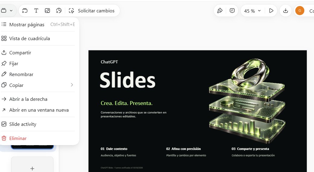 AulasInteligent's tweet photo. Probando la nueva función de @ChatGPT  Slides en Codex. La verdad es que es muy intuitivo y va genial. Permite total edición del resultado inicial, a manual o mediante prompts, exportar en diferentes formatos...si siguen mejorando, herramientas como Canva o Gamma van a notarlo. https://t.co/2dpQpy5QKO