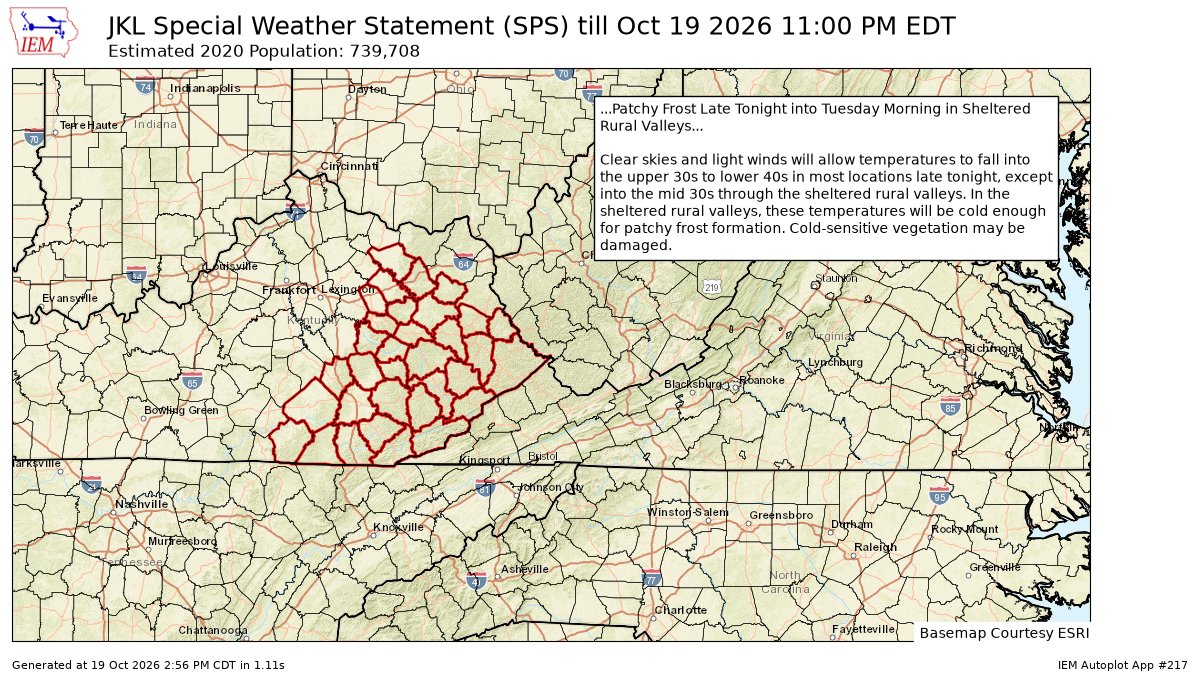 hobgsit's tweet photo. Patchy Frost Late Tonight into Tuesday Morning in Sheltered Rural Valleys for Bath, Bell, Breathitt, Clay, Elliott, Estill, Fleming, Floyd, Harlan, Jackson, Johnson, Knott, Knox, Laurel, Lee, Leslie, Letcher, Magoffin, Martin, McCre... till 11:00 PM EDT https://t.co/KECInzRqL0 https://t.co/E2eouqyd2n