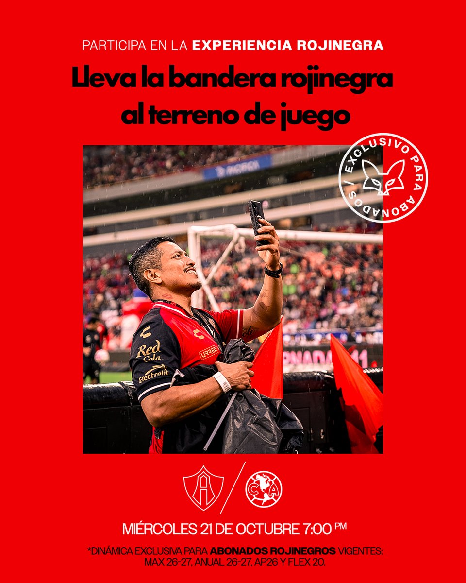 ProfeAtlas's tweet photo. ¡¿DÓNDE ESTÁN MIS ABANDERADOS?! ❤️🖤

Buscamos a nuestros 25 ABANDERADOS ROJINEGROS, quienes tendrán el honor de portar nuestros colores y formar parte del calentamiento en cancha. 🏳️🏟️

Si quieres levantar la mano para participar en esta experiencia, completa tu registro en el siguiente enlace: 👉   https://t.co/ZOYHiCi39N

🎓 La selección de los alumnos abanderados se realizará de manera aleatoria entre todos los abonados registrados.

📝 Recuerda: la puntualidad, la emoción y el orgullo por nuestros colores son indispensables para cumplir esta misión.

*Formulario disponible hasta hoy, 19 DE OCTUBRE A LAS 11 PM 

Válido para abonados vigentes: MAX 26-27, ANUAL 26-27, FLEX 20 y AP26.

 Consulta términos y condiciones en https://t.co/LBCets5kh1.