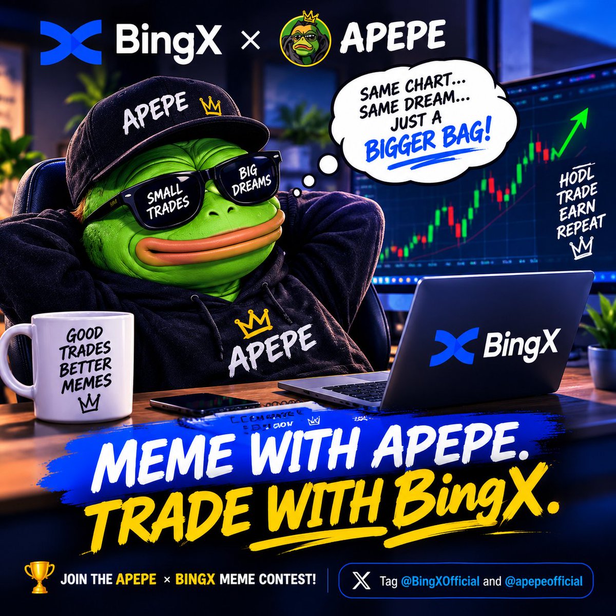 Cryptosurgeonn's tweet photo. @apepeofficial @BingXOfficial APEPE holders know the feeling.

Watching the charts, dreaming big  and never missing a good meme.

MEME WITH APEPE. TRADE WITH BingX.

@BingXOfficial @apepeofficial
#APEPE #BingX https://t.co/H6yI59prp3