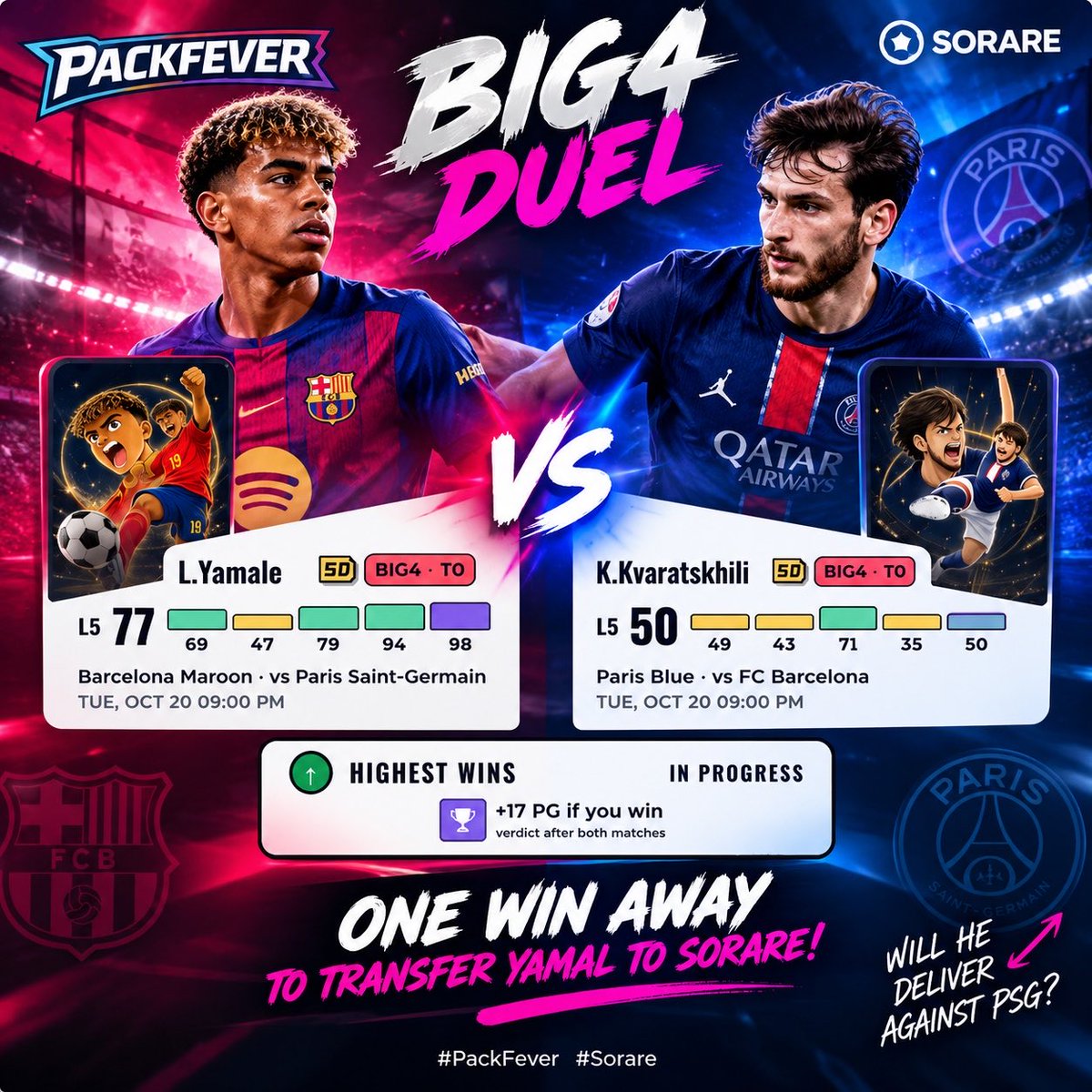CardDugout10's tweet photo. 🔥 BIG4 Duel on PackFever!

My Lamine Yamal T0 is facing Kvaratskhelia in a Highest Wins duel! ⚔️

One win away from transferring Yamal to Sorare! 🃏

Will he deliver against PSG? 🤞

#PackFever #Sorare https://t.co/EUEwlopy5w