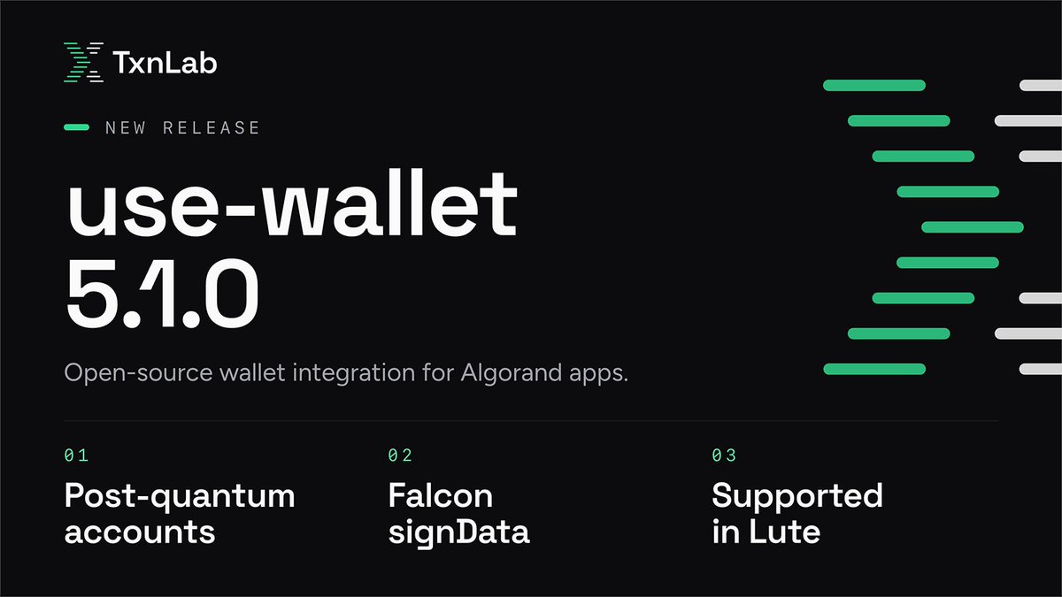 TxnLab's tweet photo. use-wallet 5.1.0 is out!

Post-quantum account support, and Falcon signData with ARC-60 schemes. The @LuteWallet adapter (1.1.0, latest) supports both.

https://t.co/SOb34JXVwK https://t.co/HtgkAssz1Z
