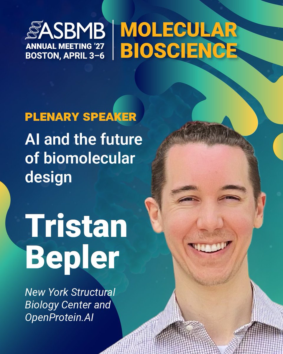 ASBMB's tweet photo. How is AI changing what’s possible in protein design?

At #ASBMB2027, plenary speaker Tristan Bepler will explore how generative models are reshaping our understanding of the connections between macromolecular sequences and functions.

https://t.co/t3GC3UdIkx
#MolecularBioscience https://t.co/zUuXlPHKev