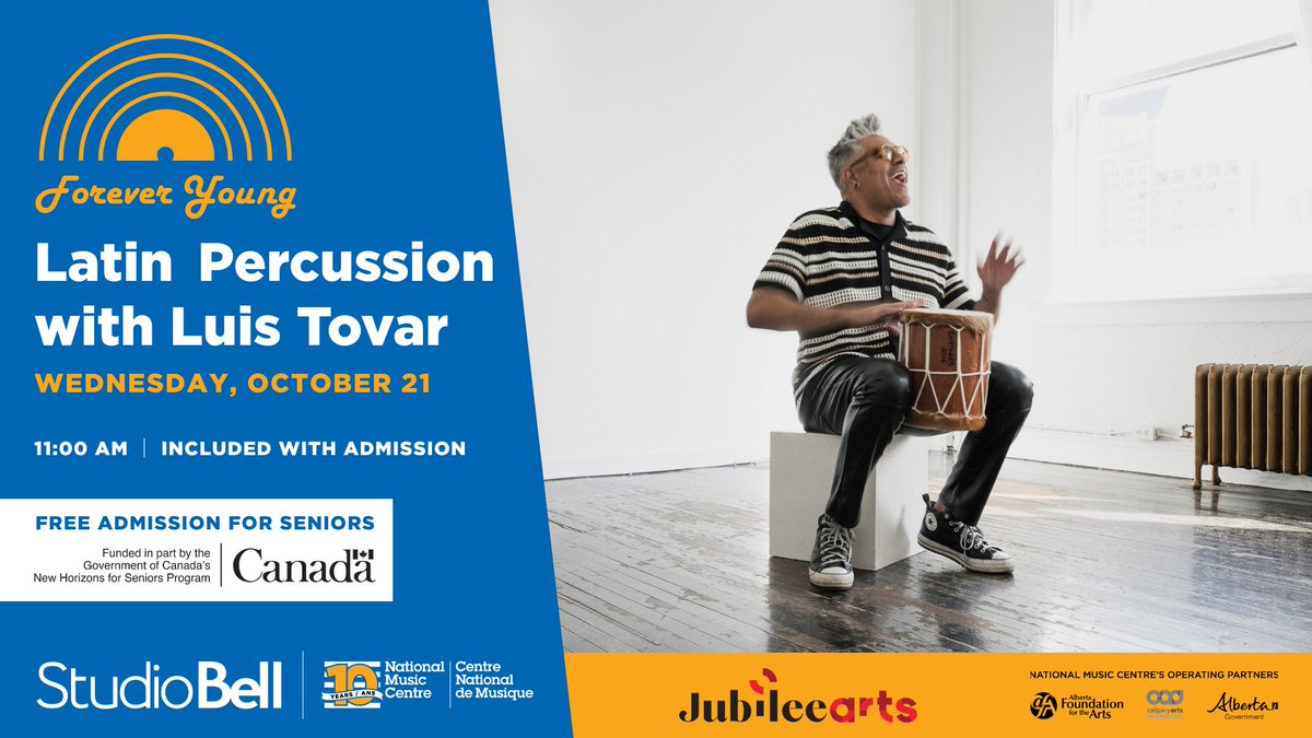 nmc_canada's tweet photo. Experience the vibrant rhythms of Latin percussion this Wednesday! 🎶

Join us on Oct. 21 at #StudioBell, home of the National Music Centre, for a special edition of Forever Young: Seniors’ Wednesdays in honour of Latin Heritage Month and presented with Jubilee Arts.

Percussionist Luis Tovar will draw on his Venezuelan and Afro-Caribbean roots for an interactive musical experience celebrating the rich rhythms of Latin America.

Admission is free for seniors 65+ and included with general admission for everyone else.

Head to https://t.co/O9YORcaORz to learn more.