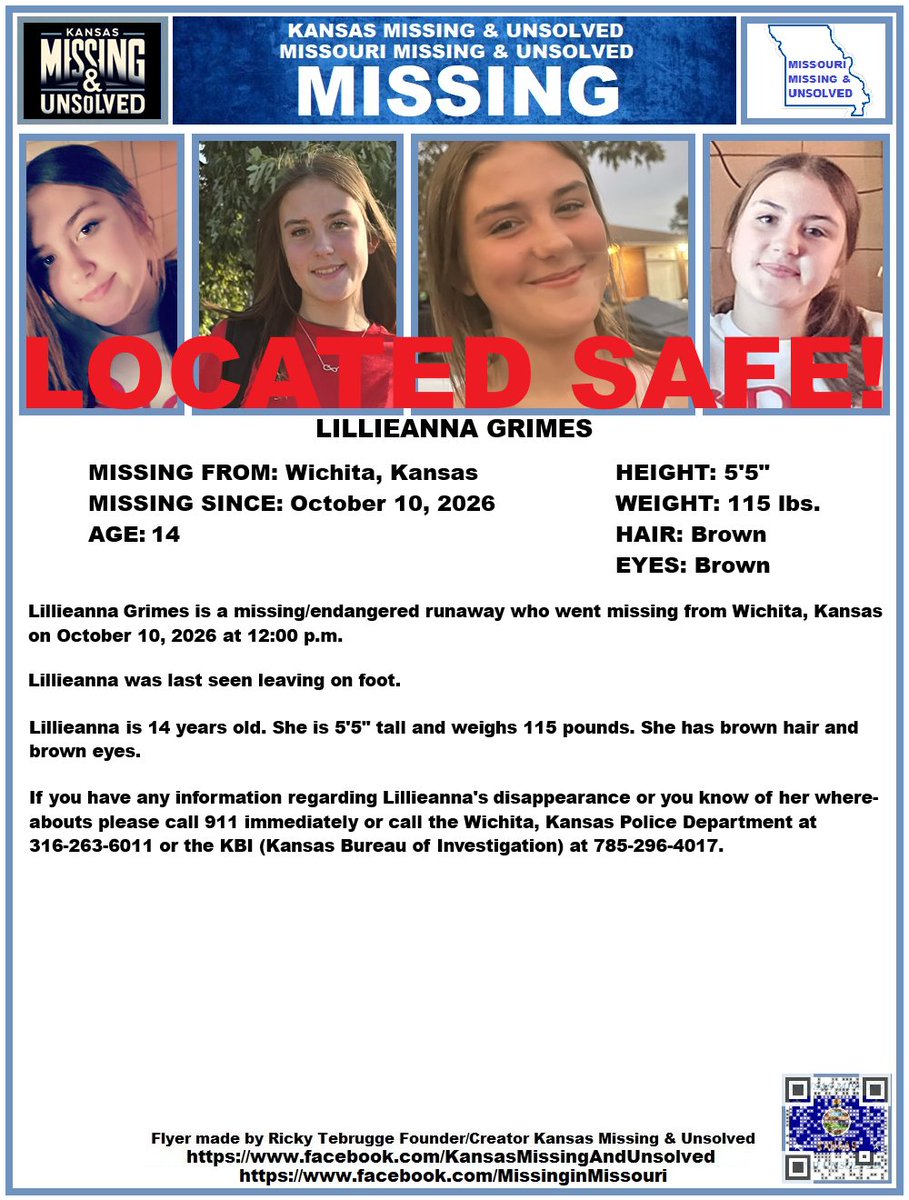KansasMissing's tweet photo. LILLIEANNA HAS BEEN #LOCATED SAFE!!! THANK YOU TO ALL WHO SHARED HER FLYER!!!

#KansasMissing
#KansasMissingPerson
#MissingInKS
#MissingInKansas
#MissingKansan
#Wichita
#Kansas 
@AnnetteLawless https://t.co/hIvR1UI9gx