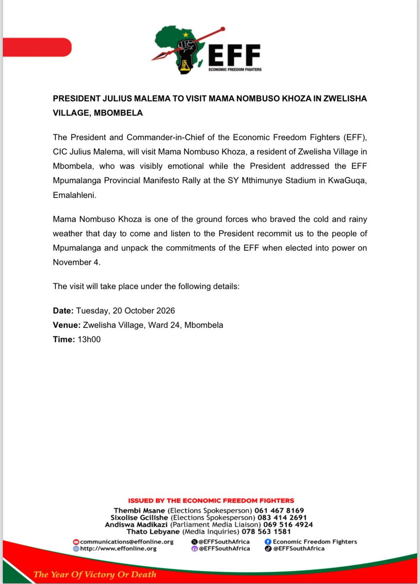 EFFSouthAfrica's tweet photo. President @Julius_S_Malema To Visit Mama Nombuso Khoza In Zwelisha Village, Mbombela: https://t.co/O9zg1uSius