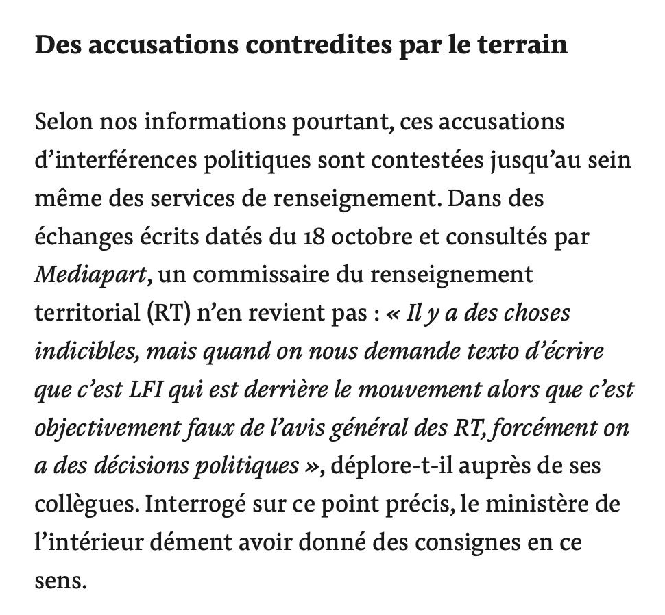 ALeaument's tweet photo. 🚨 SCANDALE D'ÉTAT 

Le gouvernement a affirmé un prétendu rôle d'une prétendue « ultragauche » et de LFI dans les dégradations du 17 octobre... 

... mais les renseignements disaient LE CONTRAIRE. 

Même les policiers sont choqués ! 

Extraits d'un article de Médiapart... https://t.co/qHxIRnavFk