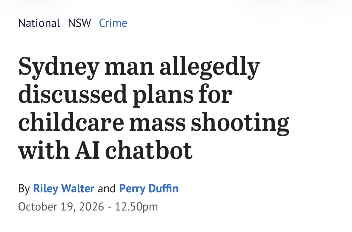 DavidShoebridge's tweet photo. We need a duty of care that works to ensure conversations like this get shut down and flagged, every time. Tech that encourages and validates violent delusions is a danger to our society and we can’t rely on voluntary measures to limit the risk. https://t.co/lhUW9K2v5R