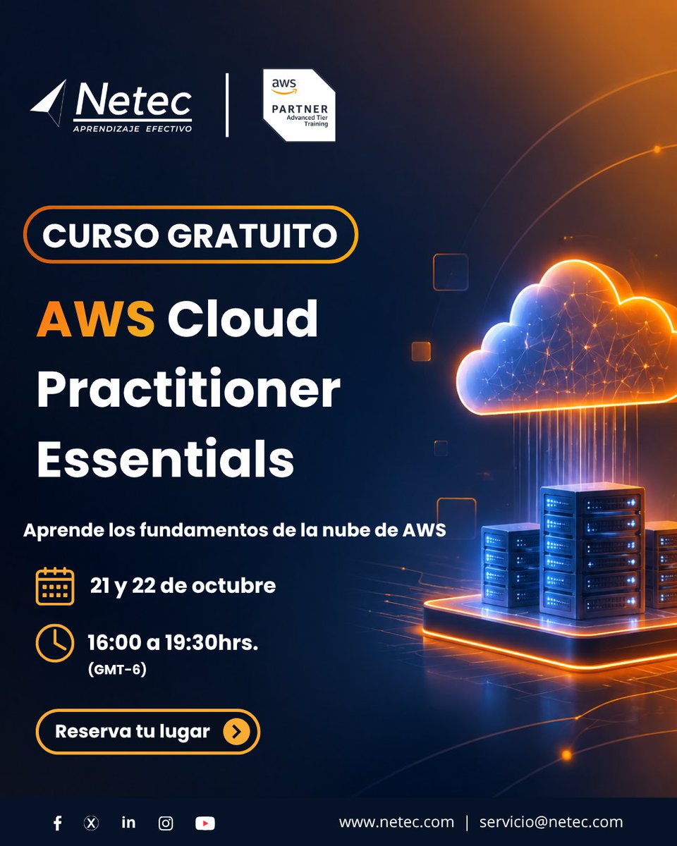 netec's tweet photo. ☁️ Regístrate a nuestro #CursoGratuito AWS Cloud Practitioner Essentials y desarrolla conocimientos
fundamentales sobre infraestructura global, servicios en la nube de AWS, seguridad y más.

📅 21 y 22 de octubre | 16:00 hrs.
💻 Inscríbete: https://t.co/4z0FWqRn4q

#Netec #AWS https://t.co/raDTrCrLjC