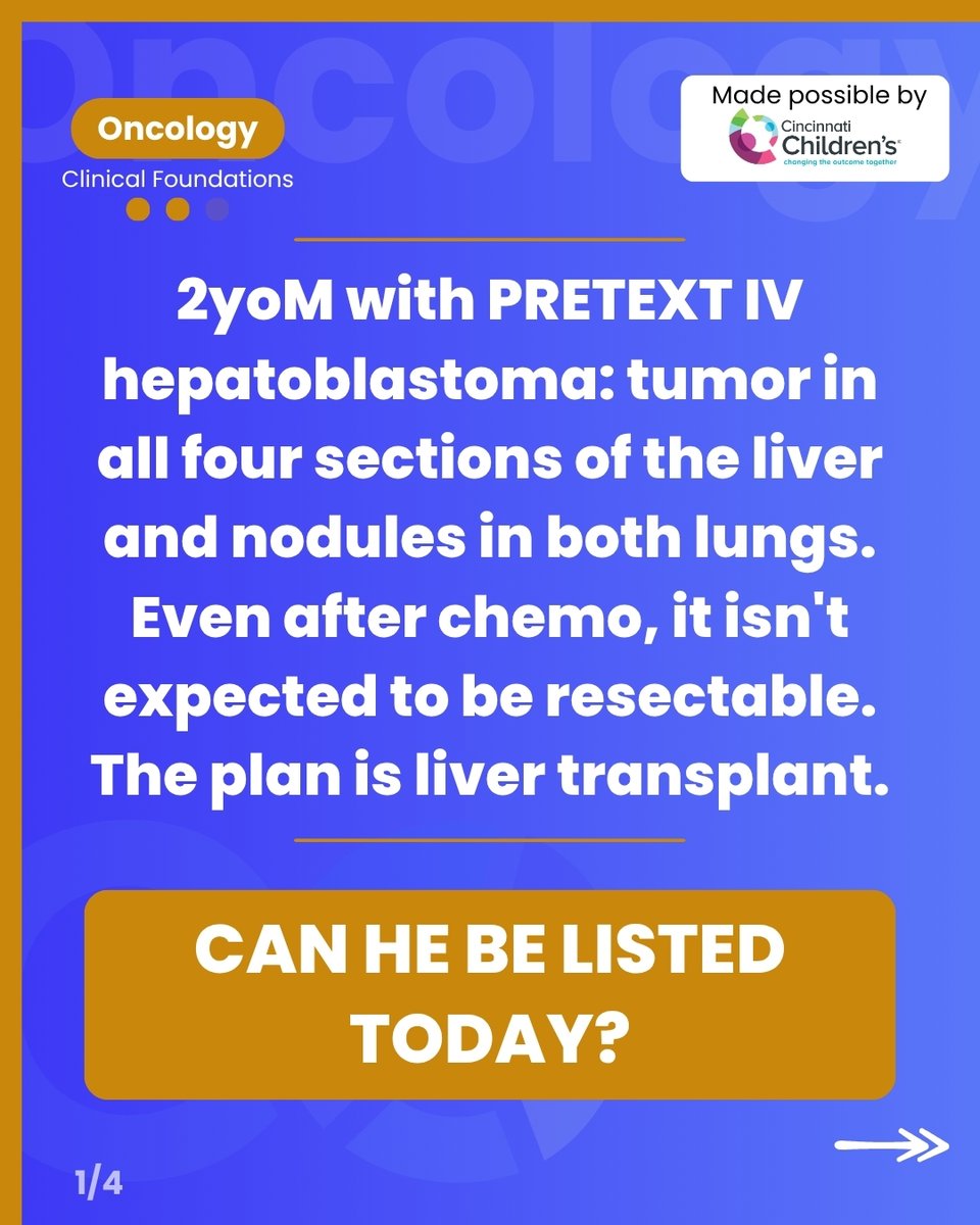 StayCurrentMD's tweet photo. PRETEXT IV hepatoblastoma + lung mets: no transplant until the lungs are clear. Refer to transplant at diagnosis — evaluation runs concurrent with chemo.

Full EP:https://t.co/oiv6cLeQBC

#SoMe4PedSurg #PedSurg

Made possible by @CincyChildrens https://t.co/GKMdpmbvmT