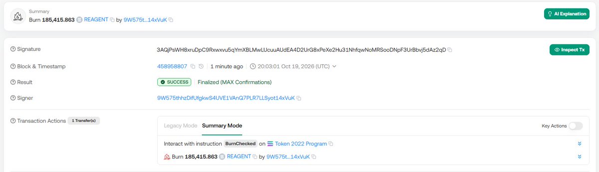 reagent_rwa's tweet photo. The first Watch payment has been burned. Not 65%, all of it.

185,415.863 $REAGENT, gone for good: https://t.co/XdNSp4Tm3w

Total supply is now 999,814,584 $REAGENT.

Get your reports: https://t.co/rxhKFgs1Dm https://t.co/59j2E7mGGj