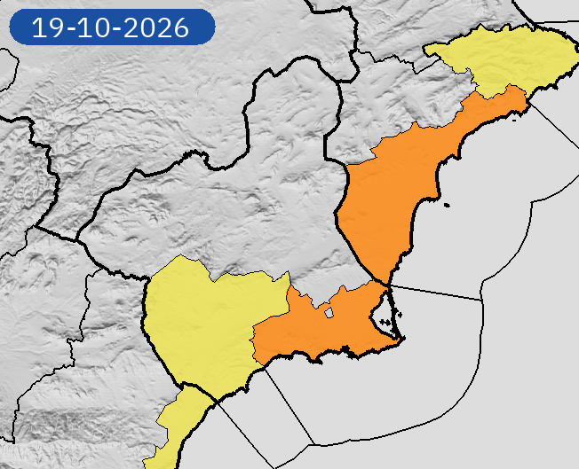 AEMET_Murcia's tweet photo. 19/10 22:06 AVISOS HOY Y MAÑANA | Región de Murcia: lluvias y tormentas. Nivel máximo de aviso: naranja.
Actualizaciones en https://t.co/gQDupQ393c https://t.co/gtj8WKdOsE