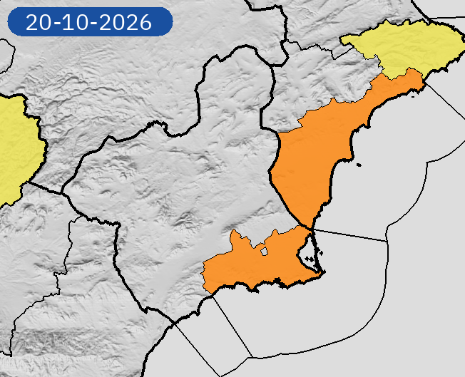 AEMET_Murcia's tweet photo. 19/10 22:06 AVISOS HOY Y MAÑANA | Región de Murcia: lluvias y tormentas. Nivel máximo de aviso: naranja.
Actualizaciones en https://t.co/gQDupQ393c https://t.co/gtj8WKdOsE