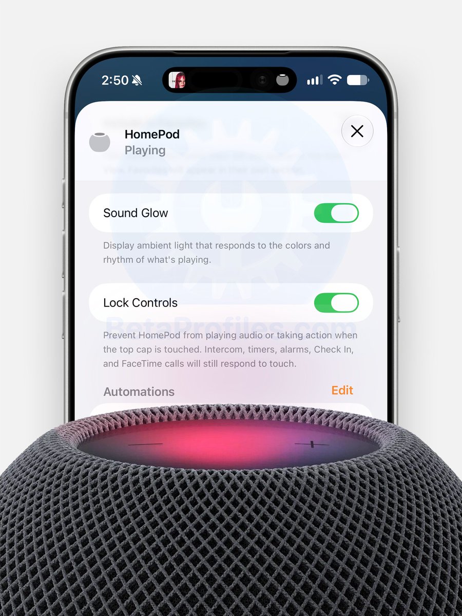 BetaProfiles's tweet photo. iOS 27.2 and HomePod Software 27.2 bring Sound Glow to every HomePod except the original, plus Lock Controls for all models. https://t.co/EDrFoutJTc