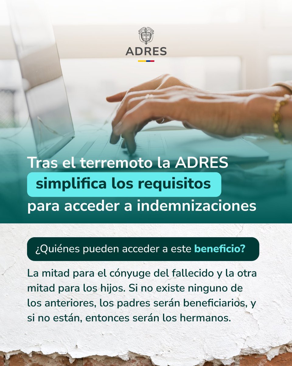 AdresCol's tweet photo. En la #ADRES pasamos de 12 a 5 requisitos para solicitar la indemnización por fallecimiento y gastos funerarios de las víctimas del terremoto del 10 de agosto, ¡queremos que las personas accedan a este derecho de manera más sencilla! 
🔗Toda la información en: https://t.co/tARF4UaCjY