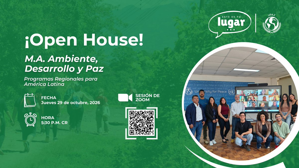UPEACE's tweet photo. 🌱 Tu próximo paso para trabajar por un futuro sostenible.

Explora las especializaciones en Cambio Climático y Sistemas de Alimentos Sostenibles en el Open House de Ambiente, Desarrollo y Paz.

📅 29 oct. | 5:30 p. m.
🔗 https://t.co/Hnyroevk50

#UPAZ #YouBelongHere https://t.co/dBZ6XuylaI