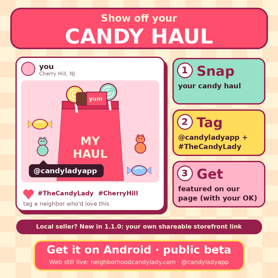 Candyladyapp's tweet photo. Show us your candy haul 🍭 Snap it, tag @candyladyapp + #TheCandyLady, and we might feature it (we'll ask first). Tag a neighbor who never shares 👀
Get it on Android (public beta): https://t.co/IoIGbh4l9t
#CandyHaul #CherryHill #SouthJersey https://t.co/k0fXb3CCXz