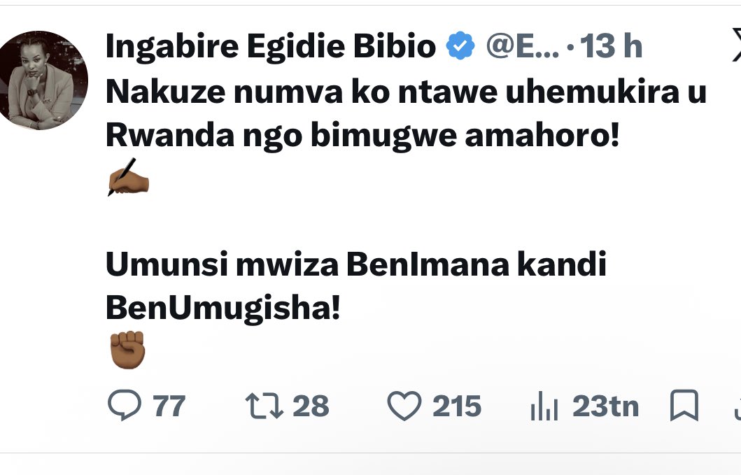 ClaudineUmubye1's tweet photo. Ibi mubyandike, bibikwe neza kuko izi nizo ”values ” indangagaciro zisigaye mu rwa #Kagame.

uyu mudamu yazamuye ✊🏾 nk’insinzi kuko umuntu yapfuye.

None madamu n’iki kiriya gikorwa gikemuye?

#umuriro murawubonye?
#amazi arabonetse ?
#inzara irashize?
#ibiciro biragabanutse?
#amashuri yabonye amafunguro?
#abasenyerwa babonye aho baba?

Madamu n’ikihe gisubizo byatanze kwica uvuga ibitagenda mu #Rwanda?

Ushyigikiye abica abandi kubera ibitekerezo byabo?
@EgidieBibio @rpfinkotanyi