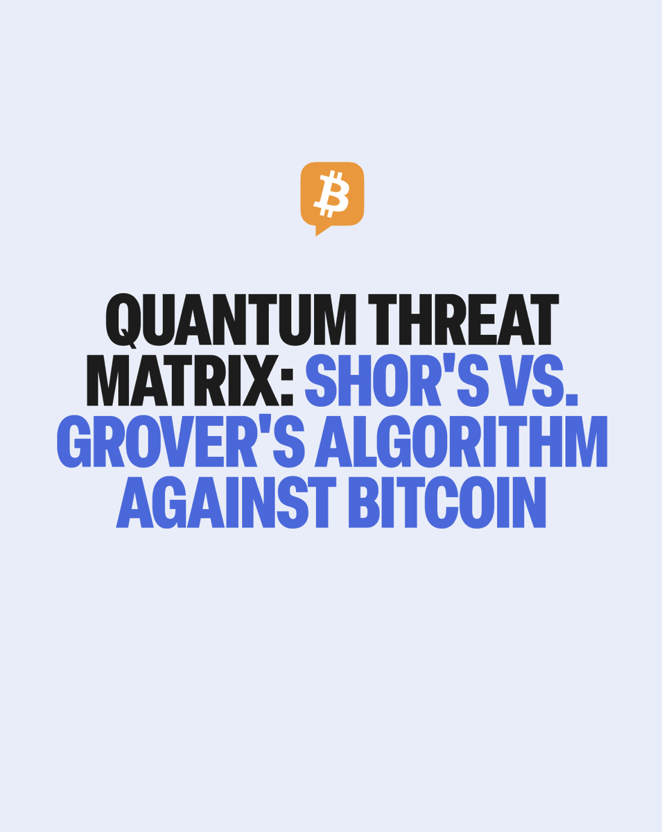 BitcoinNews's tweet photo. NEW: 🟠 ARK breaks down quantum risk to #Bitcoin. 

$BTC faces two quantum threats, per ARK Invests new report, adding "shor's algorithm is the real long-term threat."

🗨️ Shor's algorithm could break the signatures securing coin ownership, while Grover's only weakens hashing.