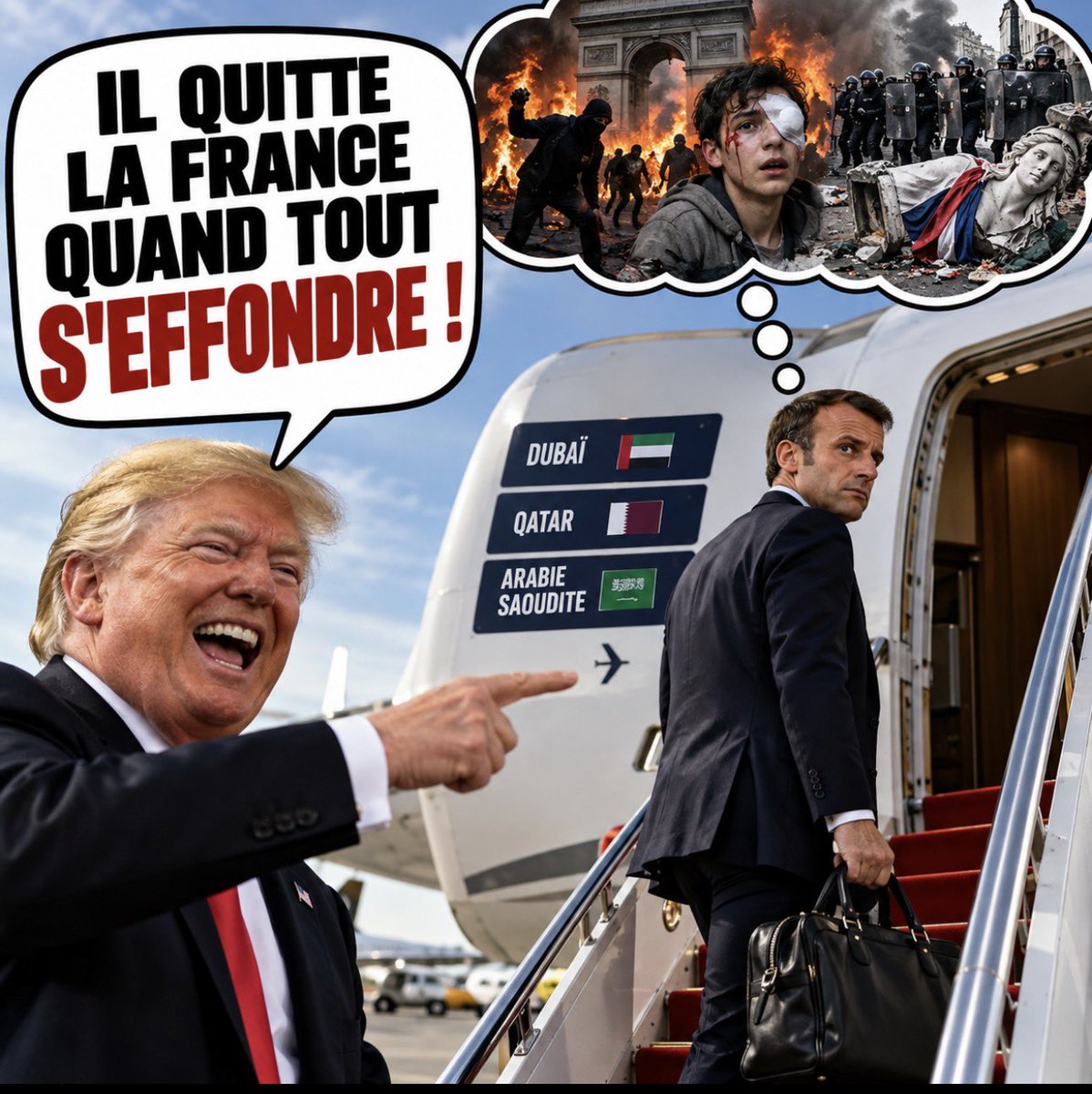 camille_moscow's tweet photo. 🇺🇸🇫🇷🚨 TRUMP DÉZINGUE MACRON SUR TRUTH SOCIAL : « IL FUIT LA FRANCE EN PLEINE DÉBÂCLE ! »

“Le président français Emmanuel Macron a quitté la France pour une tournée de trois jours dans le Golfe. 🇫🇷

Il gouverne un pays où le Premier ministre qualifie l'absence de morts de « miracle », où un adolescent de 17 ans a perdu un œil et un étudiant une main, et où son propre ministre de l'Intérieur affirme que les autorités ont « perdu le contrôle ».
Le public français vient d'assister à l'arrestation de 2 400 de ses concitoyens, a vu la base de la statue de Marianne être arrachée et la réponse du président a été de monter dans un avion. Quoi que Macron obtienne dans le Golfe cette semaine, il rentrera dans un pays qui l'a vu partir au moment où il en avait le plus besoin.”
