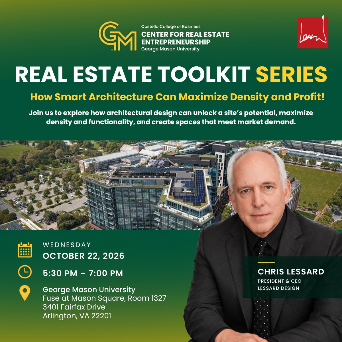 Lessarddesign's tweet photo. Building smarter. Designing for greater impact.

On Oct. 22, Lessard Design President &amp; CEO Chris Lessard will speak at George Mason University's Real Estate Toolkit Series on maximizing density and profitability through smart architecture.

#LessardDesign #GMU #architecture https://t.co/XkkKUSzhxC
