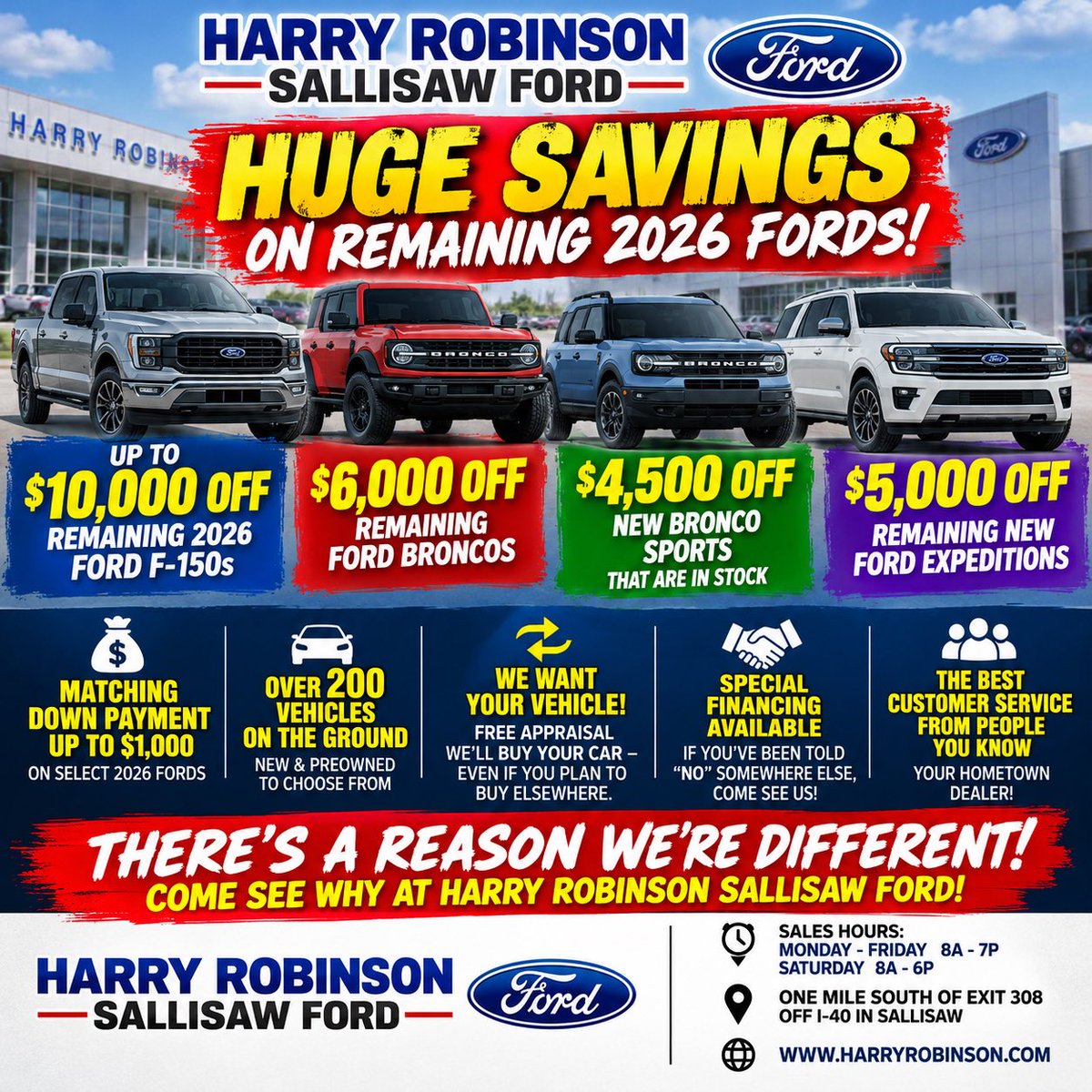 HitThatLineAR's tweet photo. 🚨🔥 BIG DEALS. BIG SAVINGS. HURRY! 🔥🚨

🚘 UP TO $10,000 OFF Ford F-150s!
💥 $6,000 OFF Broncos!
🔥 $4,500 OFF Bronco Sports!
🚙 $5,000 OFF Expeditions!

💰 PLUS up to $1,000 MATCHING DOWN PAYMENT! https://t.co/SXzGvrBmgv