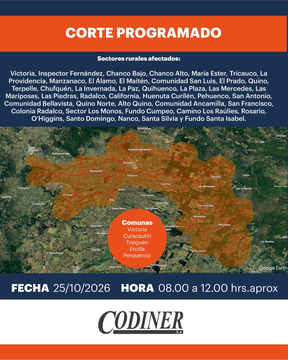 Codiner_'s tweet photo. CODINER informa sobre una suspensión temporal del suministro eléctrico debido a trabajos de mantenimiento en subestación (a solicitud de CGE Transmisión).

📅 Fecha: Domingo 25 de octubre de 2026
⏰ Horario: 08:00 a 12:00 hrs. (aprox.) https://t.co/gfMaxNNe5d