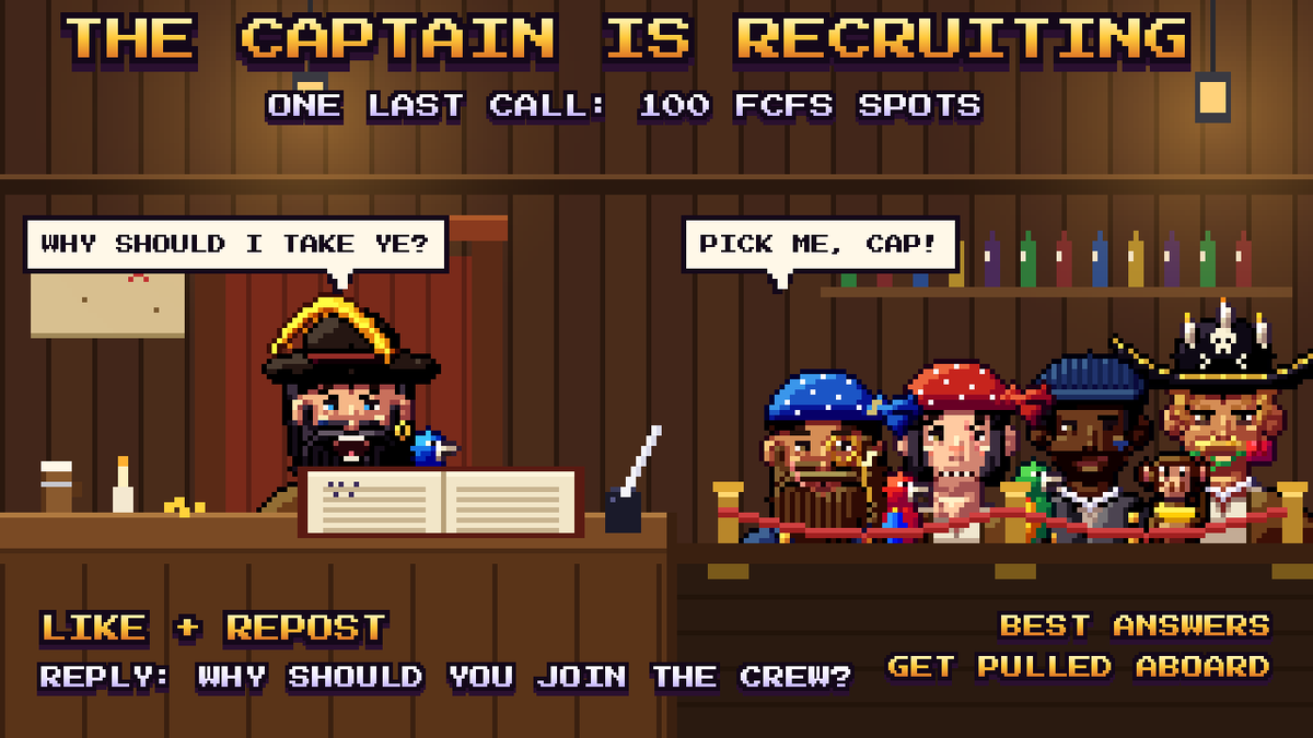 inkpirates's tweet photo. LAST CALL, SCALLYWAGS! 🏴‍☠️

100 more FCFS spots open before the gangplank goes up! To board: 

⚔️ Like + Repost 
💬 Reply WHY ye want to join the crew
📜Share wallet address

Winners chosen in 20 hours! 

Best answers get pulled aboard!

Every pirate starts with nothing... ⚓ https://t.co/kkyE9CzX4z