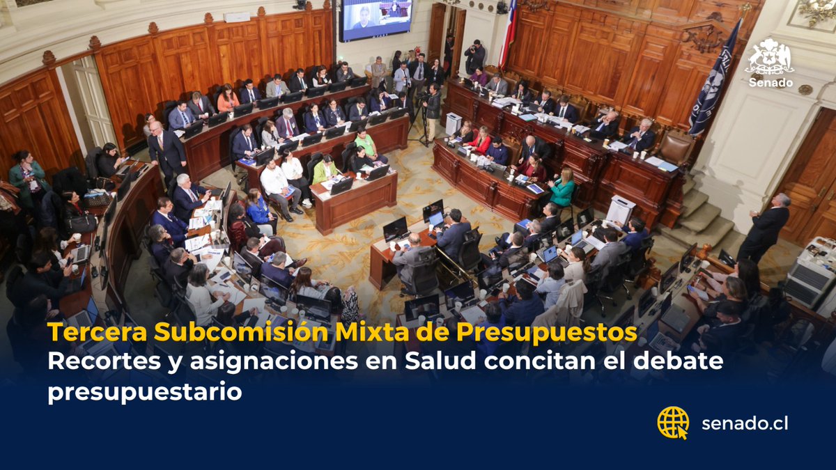 Senado_Chile's tweet photo. 🏥💰 Presupuesto de Salud 2027 entra en etapa clave de análisis

La Tercera Subcomisión Mixta de Presupuestos continuó la revisión de los recursos destinados al Ministerio de Salud para 2027, en una jornada marcada por el debate sobre financiamiento, atención primaria y programas estratégicos para pacientes y usuarios del sistema.

👥 Autoridades del Ministerio de Salud, Fonasa, el Colegio Médico y decenas de organizaciones de pacientes y trabajadores expusieron sus visiones sobre la propuesta presupuestaria.

⚕️ Entre los temas que concentraron la discusión estuvieron el financiamiento de la atención primaria, los recursos destinados a la Ley Ricarte Soto, el plan nacional de inmunización y la transparencia de la información presupuestaria.

🤝 La instancia continuará su trabajo con la votación de la partida de Salud.

#Presupuesto2027 #Salud