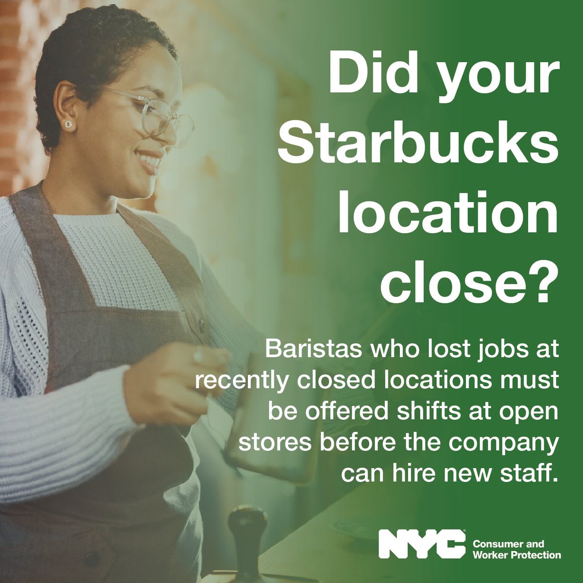 helloDCWP's tweet photo. ☕ Are you a barista at one of the eight Starbucks locations that closed in NYC last month?

🍵 Starbucks MUST offer to move you to a new store before they hire any new staff.

❓ Have concerns about your store? File a complaint at https://t.co/tkCU8ooIJh https://t.co/1wezBJZZQx