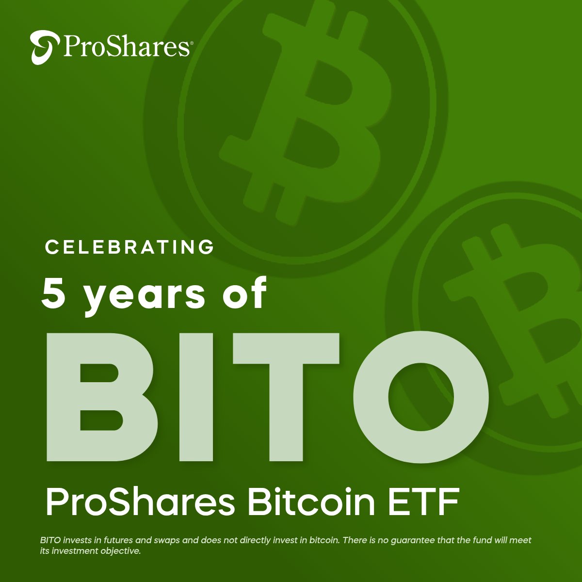ProShares's tweet photo. BITO made history as the first U.S. bitcoin-linked ETF. Today, we’re celebrating five years of offering a differentiated way to gain exposure to bitcoin through the convenience of an ETF. Learn more: https://t.co/WJXLzU0nbc https://t.co/OJcZL8NrSR