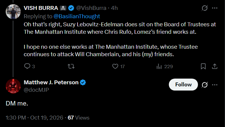 jasonahart's tweet photo. What do you suppose @ClaremontInst fellow Matt Peterson and Vish Burra - the former @NYYRC advisory board chairman who was fired from @mattgaetz's @OANN show after making deliriously antisemitic threats against @suzylebo - are DMing about today? https://t.co/xDDAAffyhX